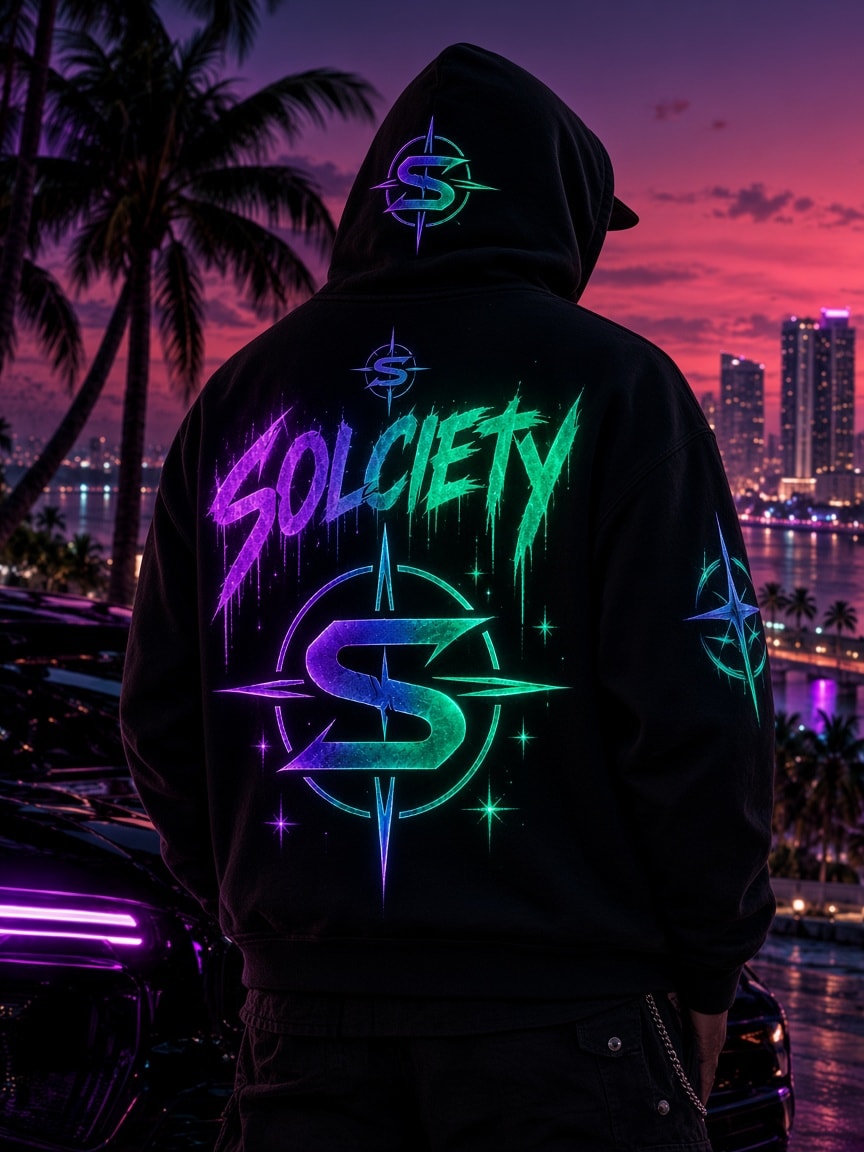 Black oversized hoodie with a dripping SOLCIETY wordmark and glowing compass print in Solana purple and green