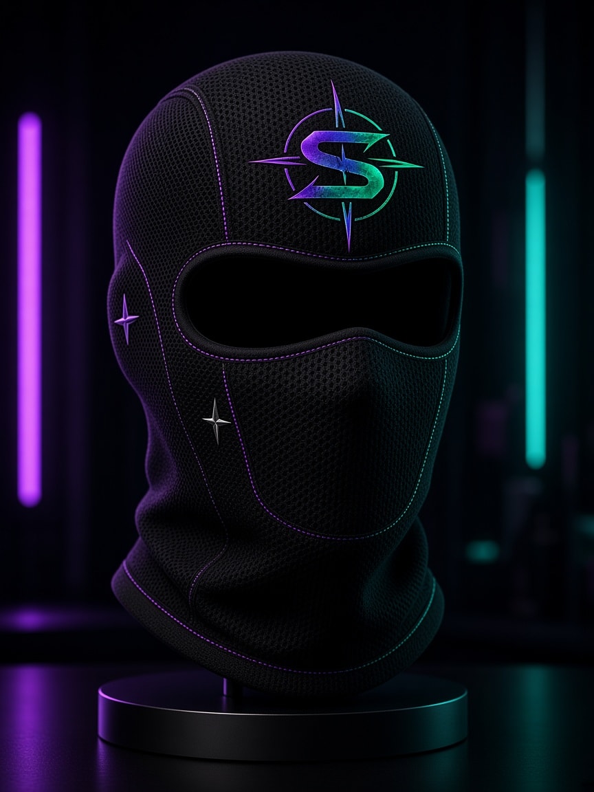 Black technical mask with a forehead compass print and purple-green stitch details