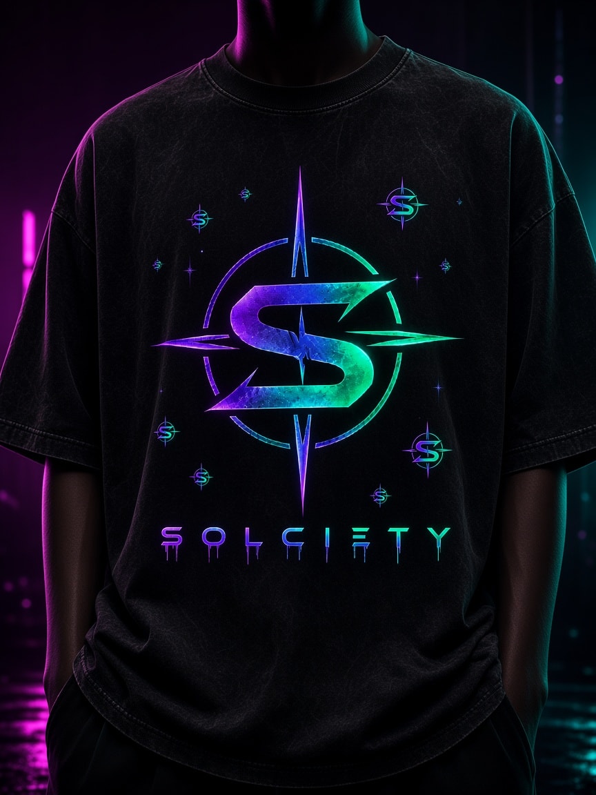 Washed black oversized t-shirt with a large chest compass and dripping SOLCIETY wordmark