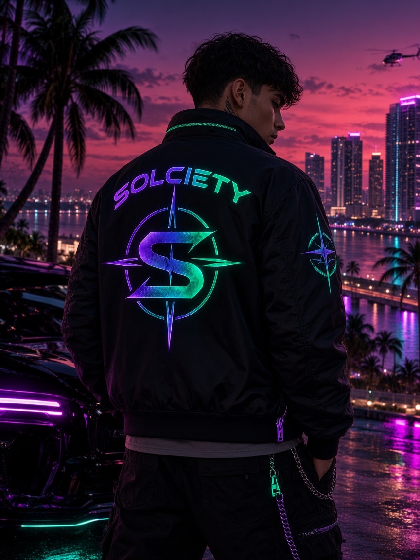 Black bomber jacket with a large glowing compass back print and SOLCIETY wordmark