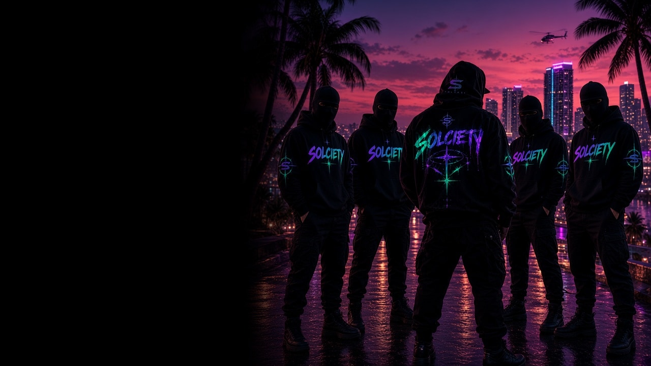 Anonymous SOLCIETY members in printed black streetwear on a tropical night causeway